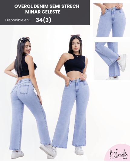 Overol Denim Semi Strech Minar Celeste